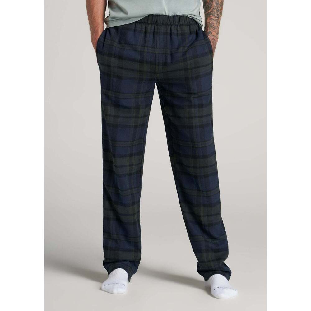American Tall Plaid Pajama Pants for Tall Men in Olive & Dark Cobalt Plaid Size